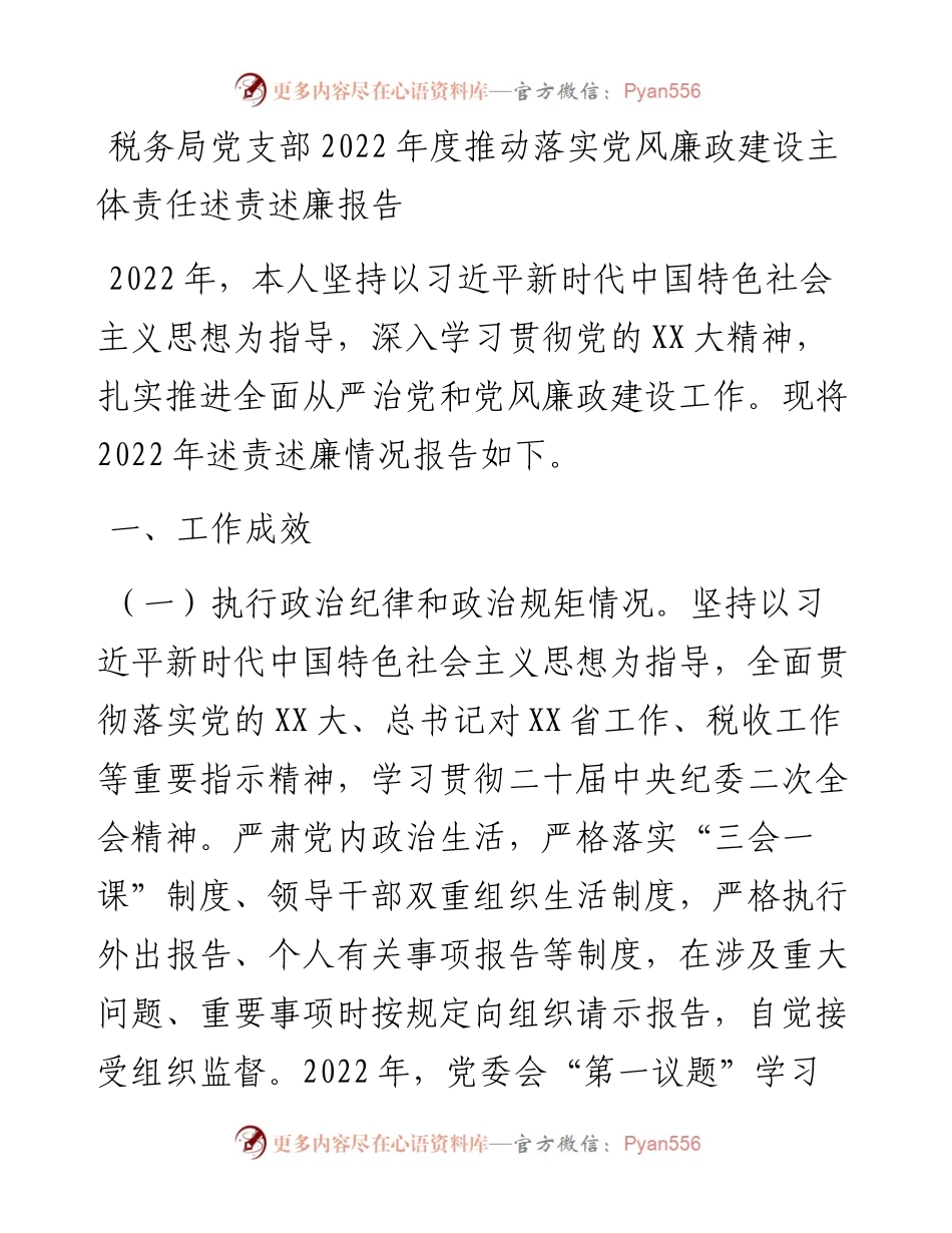 20230318：税务局党支部度推动落实党风廉政建设主体责任述责述廉报告.docx_第1页