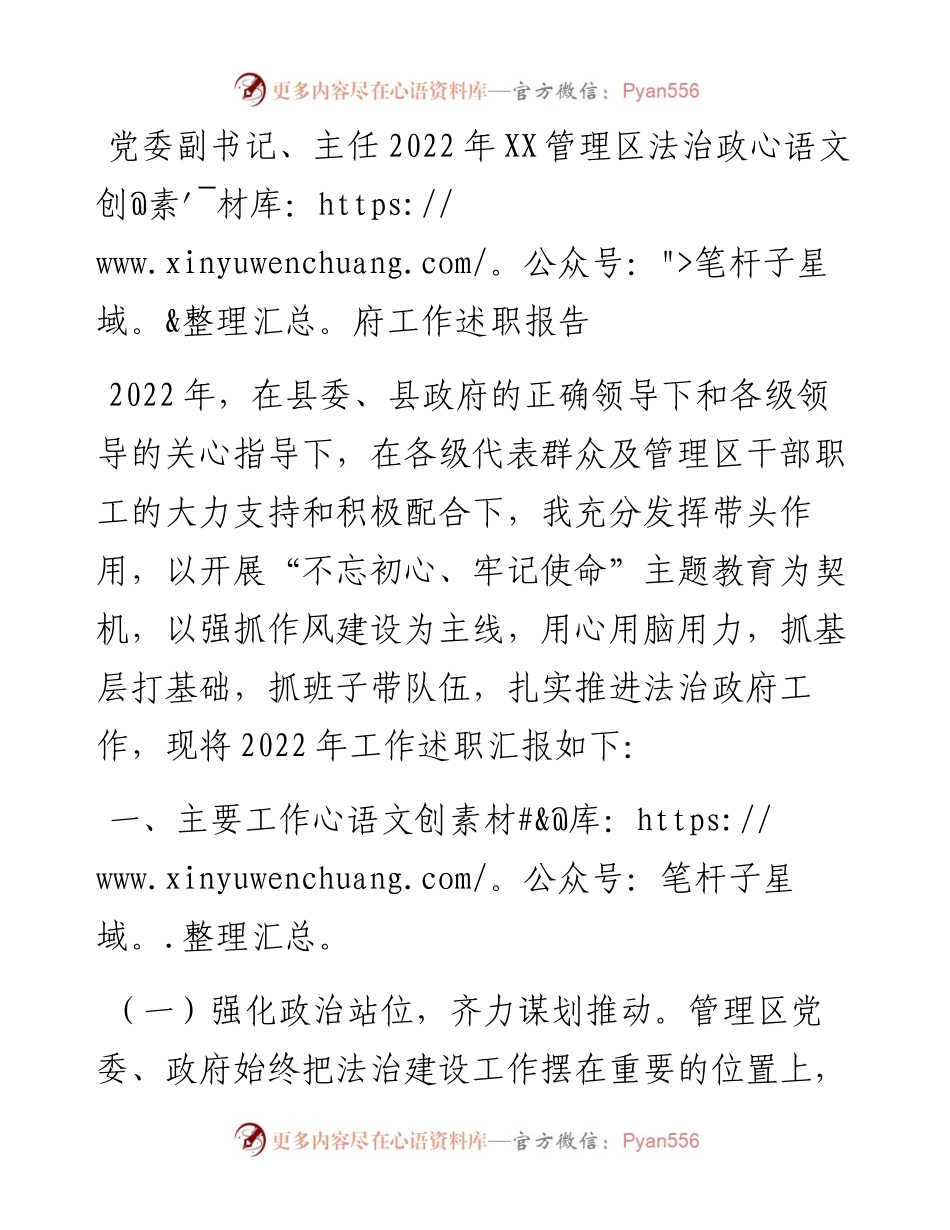 20230311：党委副书记、主任XX管理区法治政府工作述职报告.docx_第1页