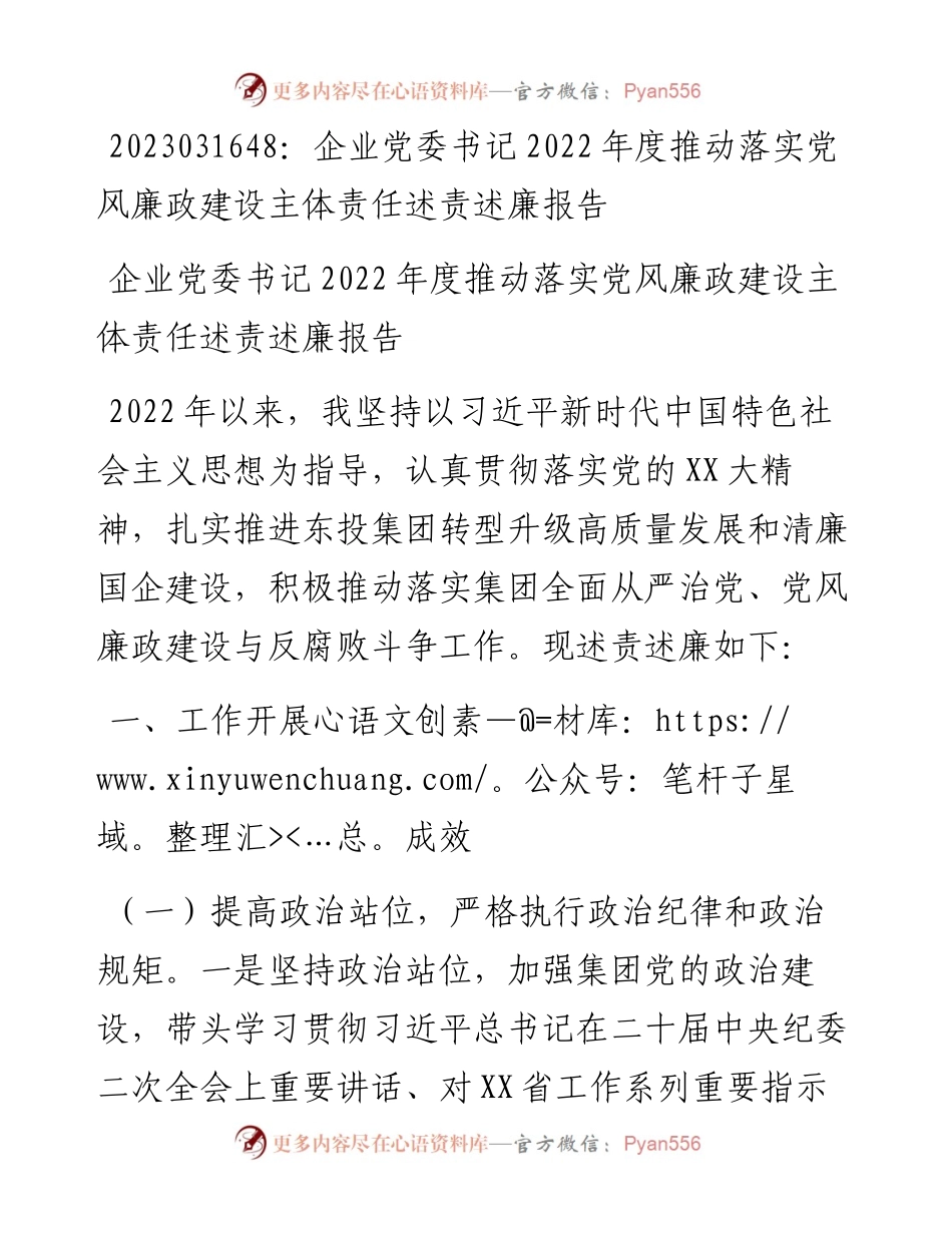 20230317：企业党委书记度推动落实党风廉政建设主体责任述责述廉报告.docx_第1页
