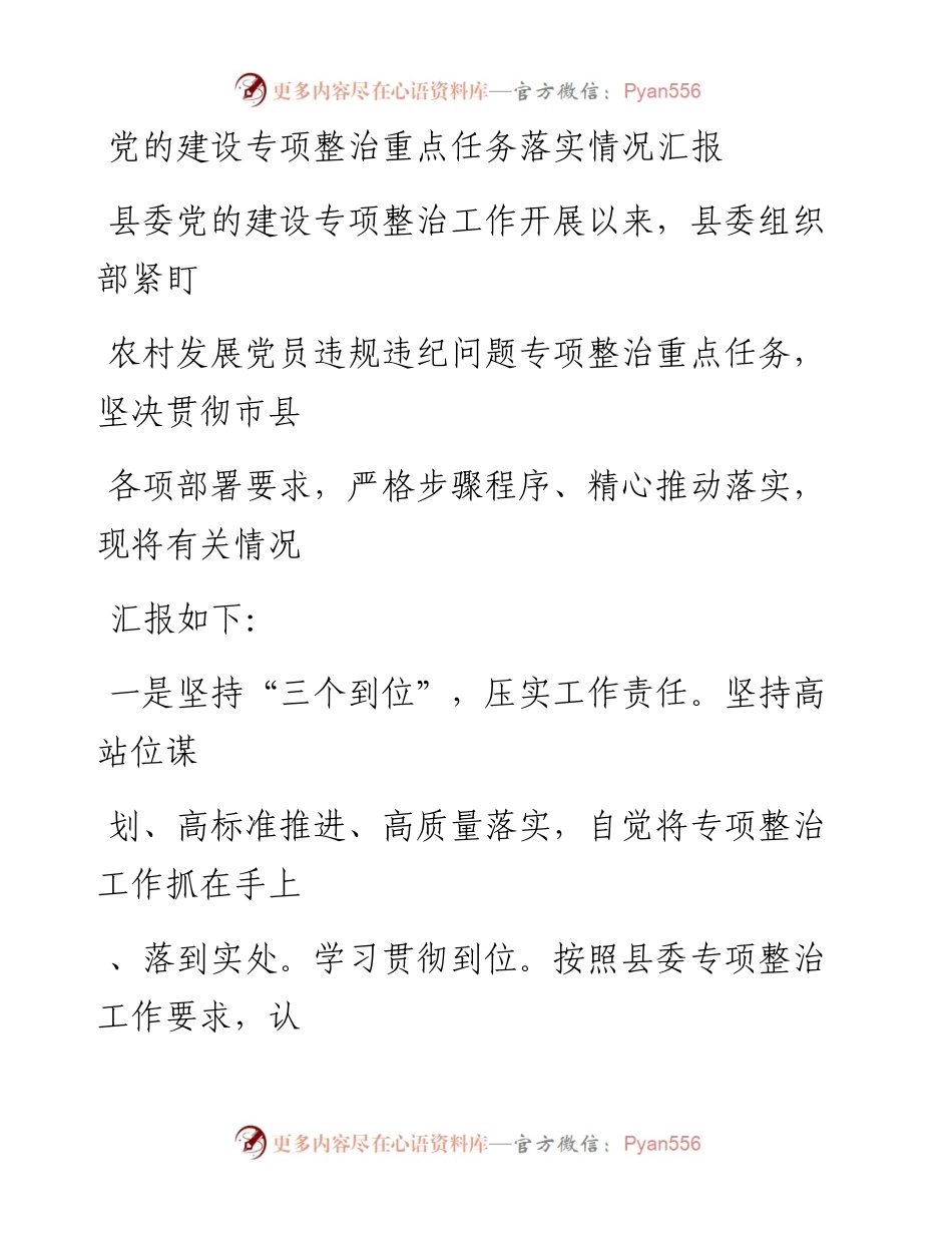 20230414：党的建设专项整治重点任务落实情况汇报(3).docx_第1页