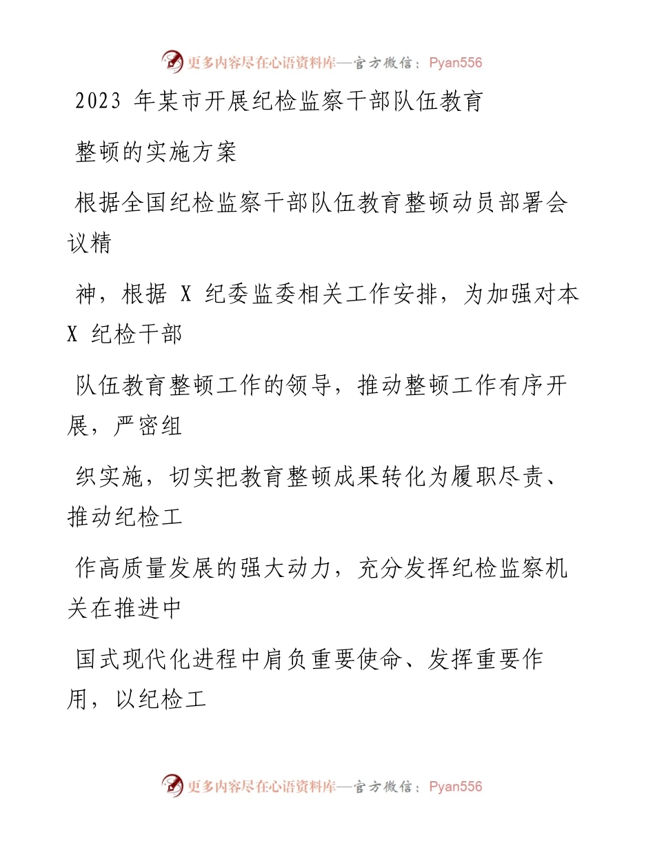 2023年某市开展纪检监察干部队伍教育整顿的实施方案_1.docx_第1页