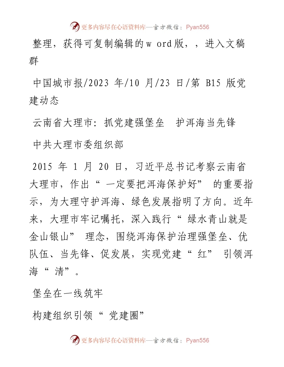 2023.10.23中共大理市委组织部：云南省大理市：抓党建强堡垒护洱海当先锋.docx_第1页
