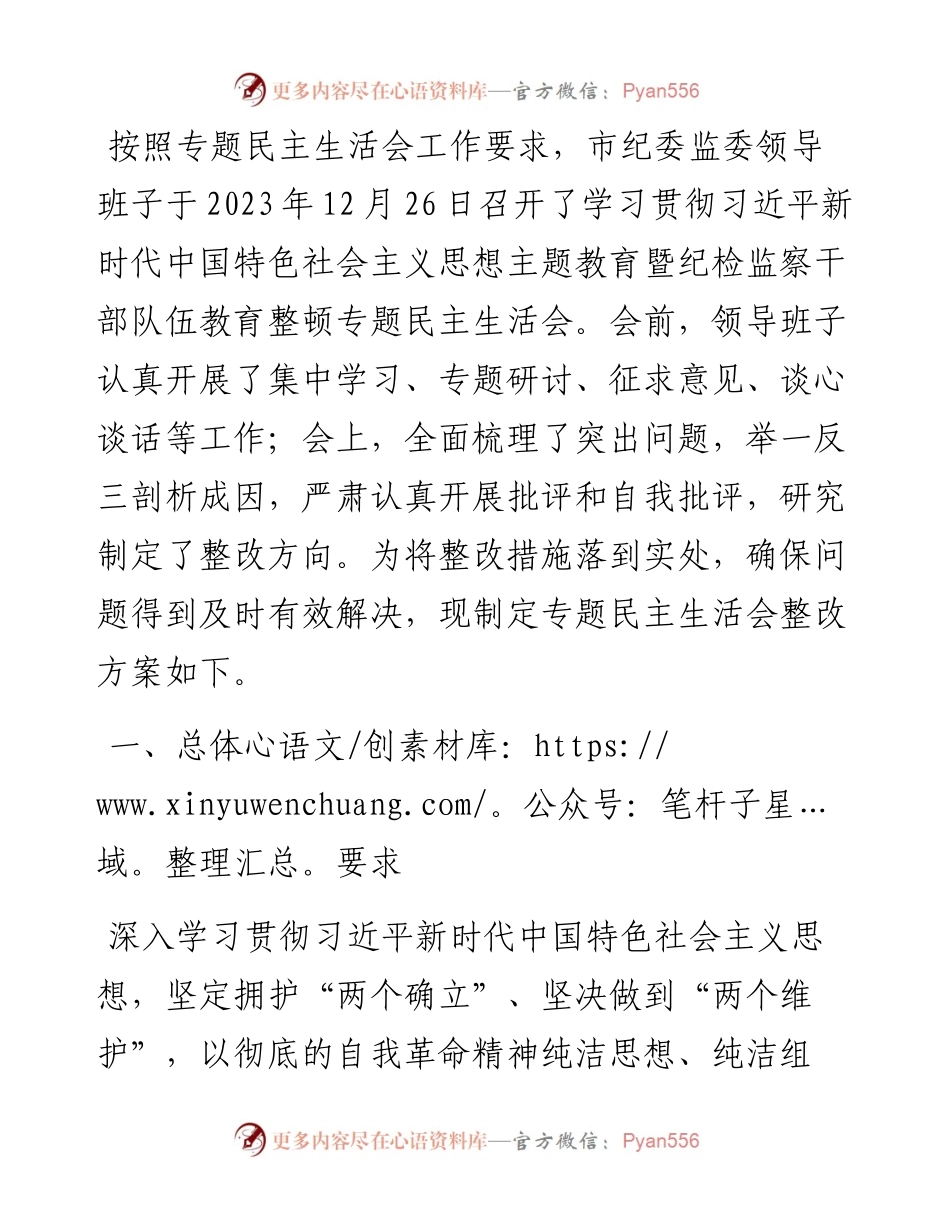 2023年主题教育暨教育整顿专题民主生活会整改落实方案.docx_第1页