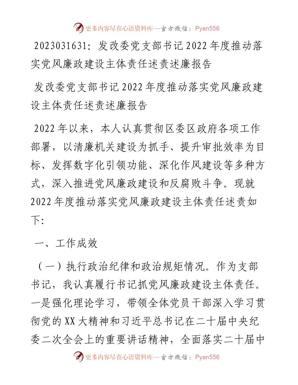 20230317：发改委党支部书记度推动落实党风廉政建设主体责任述责述廉报告.docx_第1页