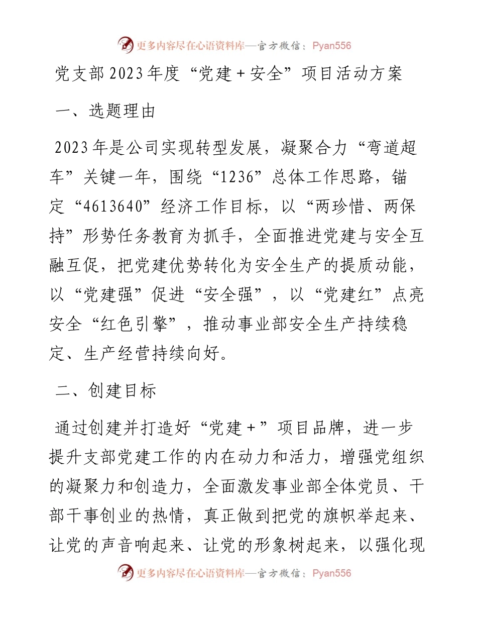 20230309：党支部2023年度党建＋安全项目活动方案.docx_第1页