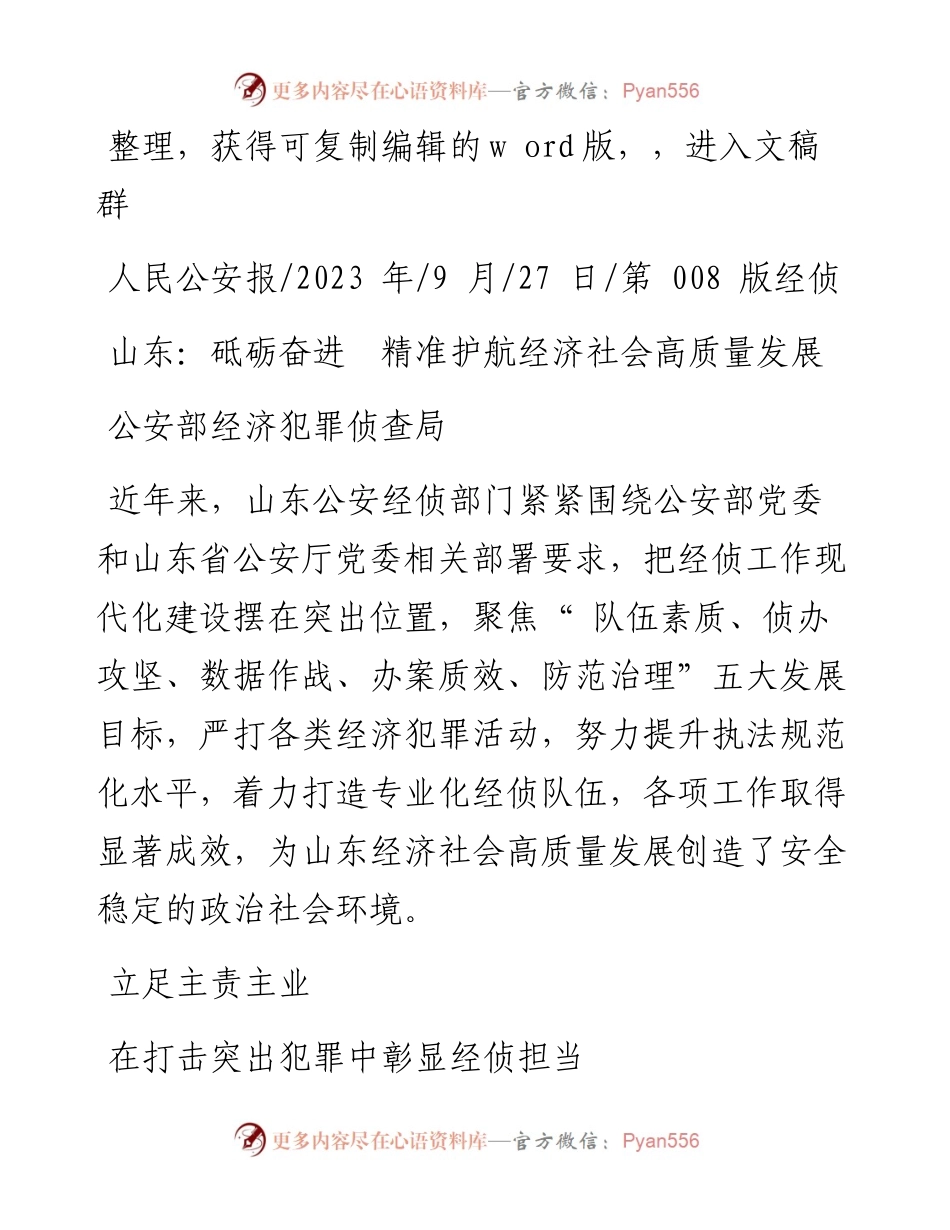 2023.09.27公安部经济犯罪侦查局：山东：砥砺奋进精准护航经济社会高质量发展.docx_第1页
