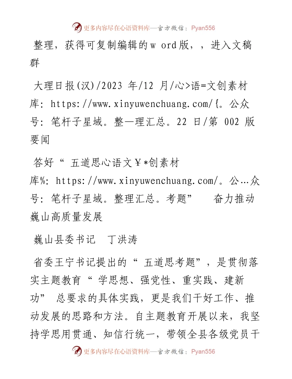 2023.12.22巍山县委书记丁洪涛：答好五道思考题奋力推动巍山高质量发展.docx_第1页