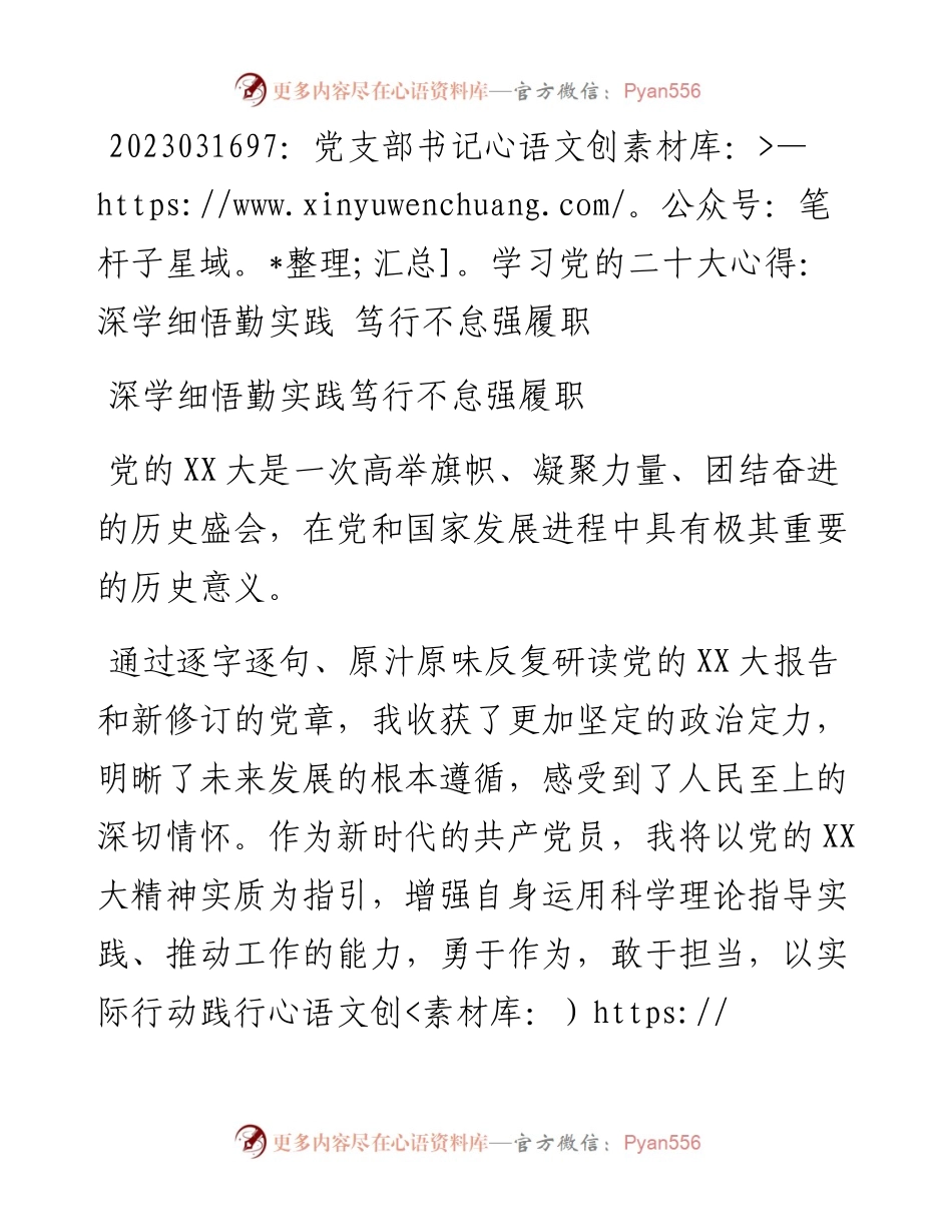 20230317：党支部书记学习党的二十大心得：深学细悟勤实践笃行不怠强履职.docx_第1页