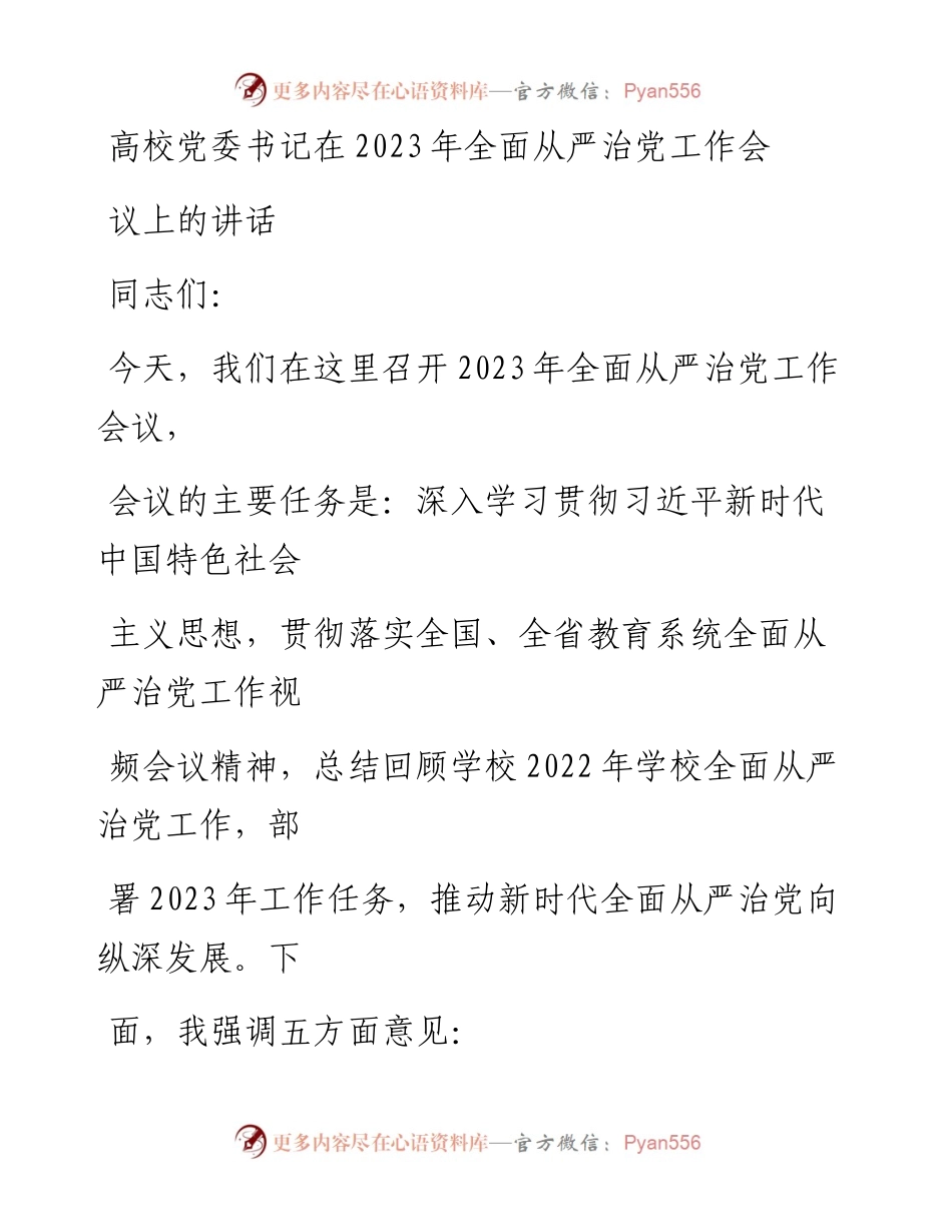 20230411：高校党委书记在2023年全面从严治党工作会议上的讲话.docx_第1页