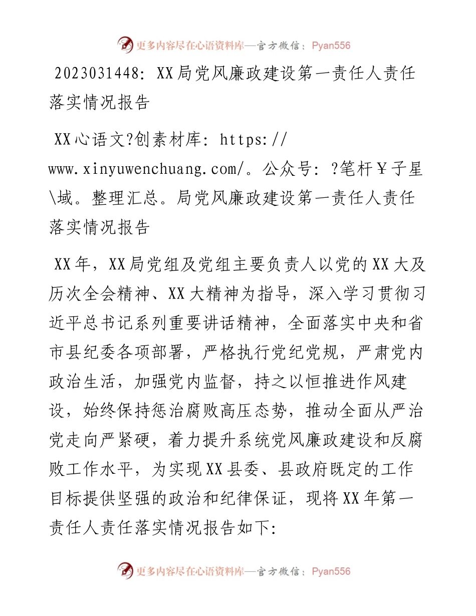 20230315：XX局党风廉政建设第一责任人责任落实情况报告.docx_第1页