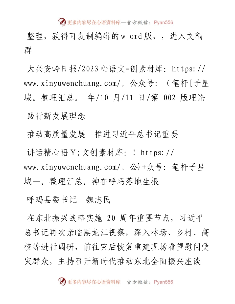 2023.10.11呼玛县委书记魏志民：践行新发展理念推动高质量发展推进习近平总书记重要讲话精神在呼玛落地生根.docx_第1页