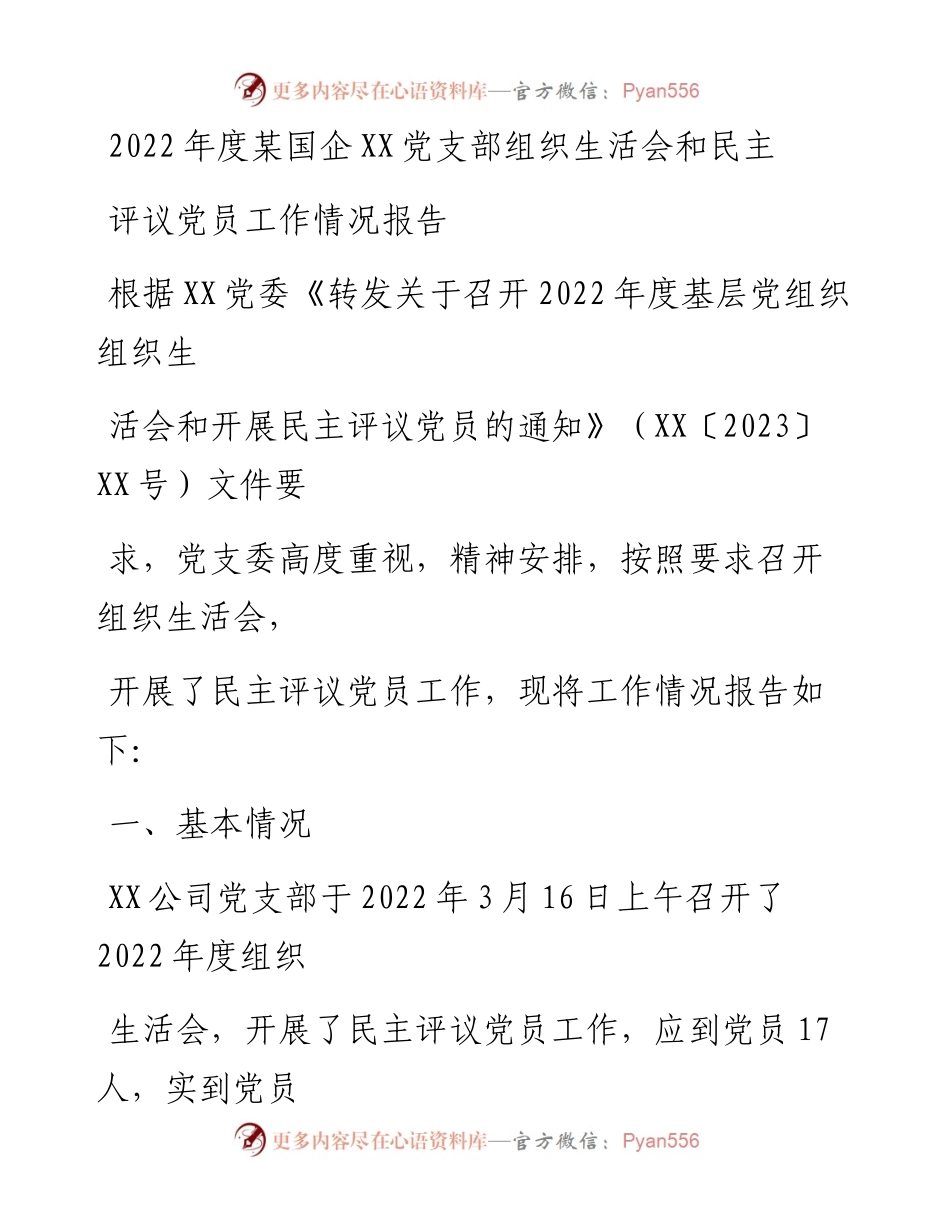 20230331：度某国企XX党支部组织生活会和民主评议党员工作情况报告.docx_第1页