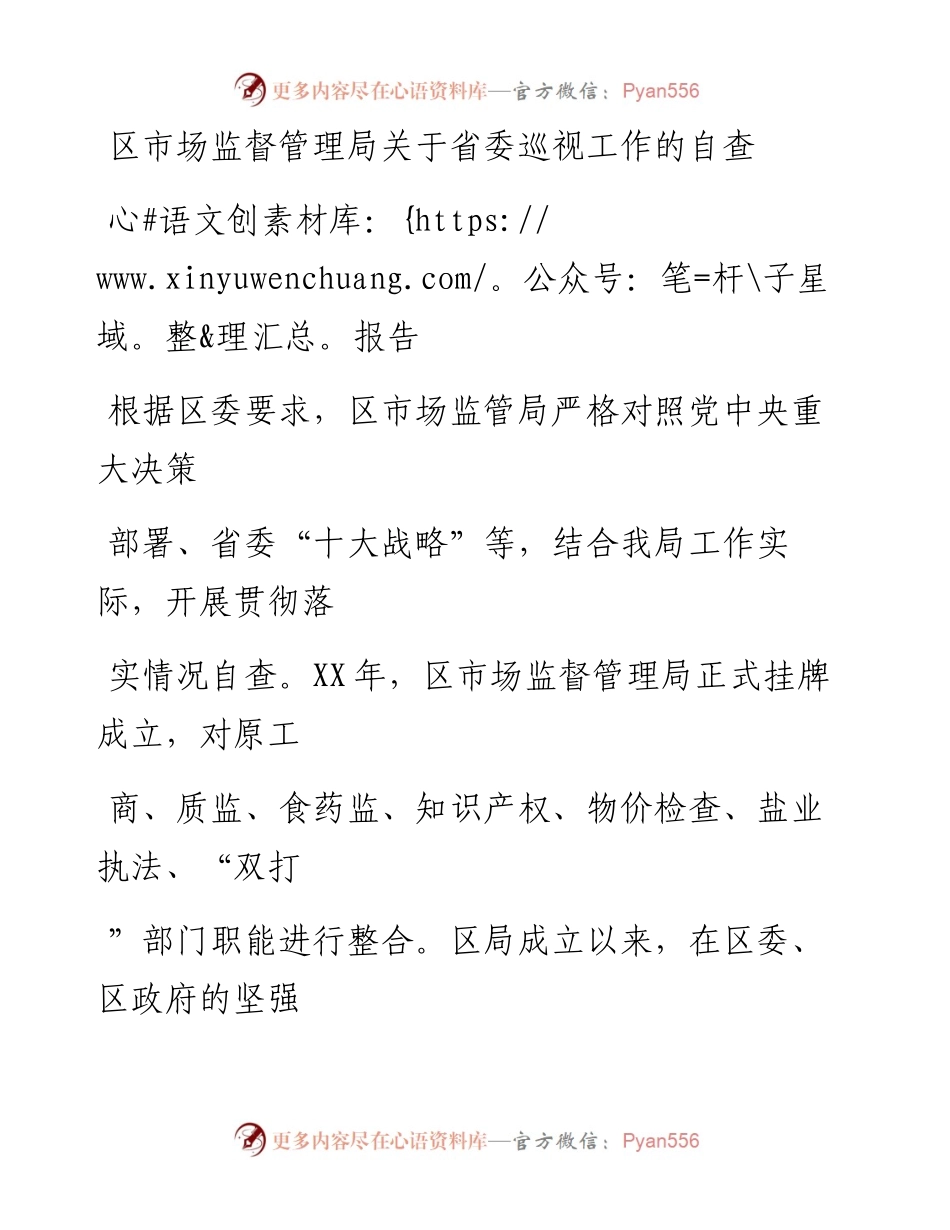 20230328：区市场监督管理局关于省委巡视工作的自查报告.docx_第1页