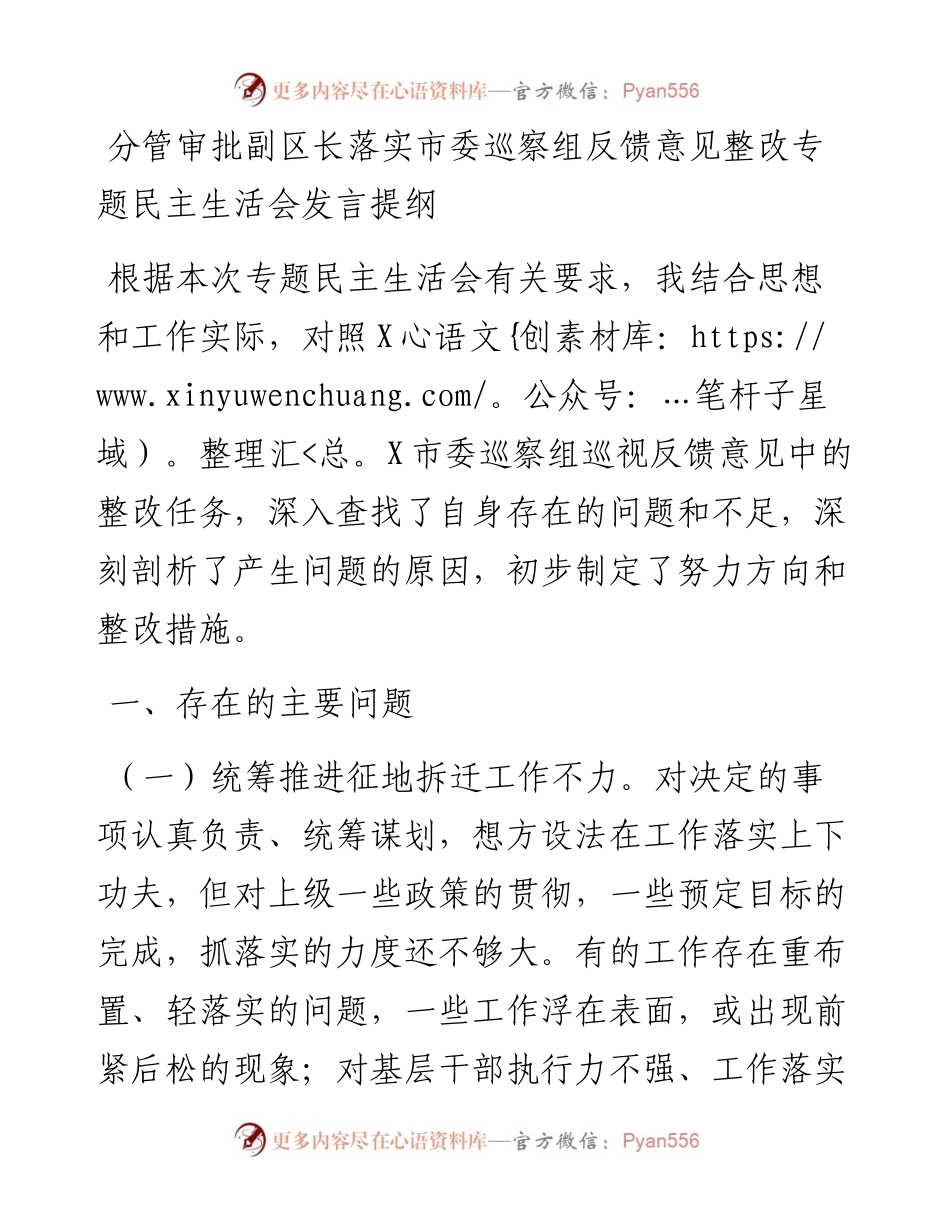 20230303：分管审批副区长落实市委巡察组反馈意见整改专题民主生活会发言提纲.docx_第1页
