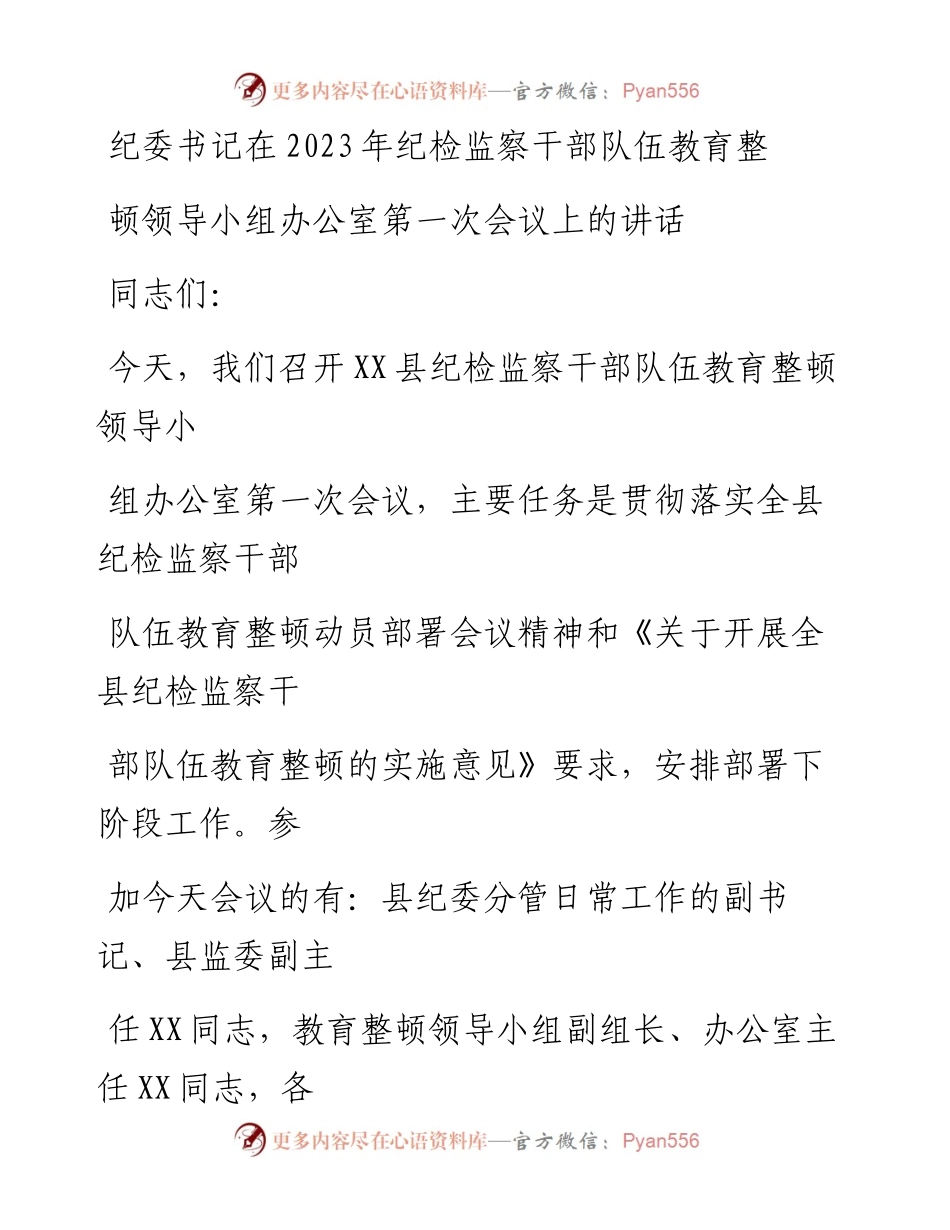 20230323：纪委书记在2023年纪检监察干部队伍教育整顿领导小组办公室第一次会议上的讲话.docx_第1页