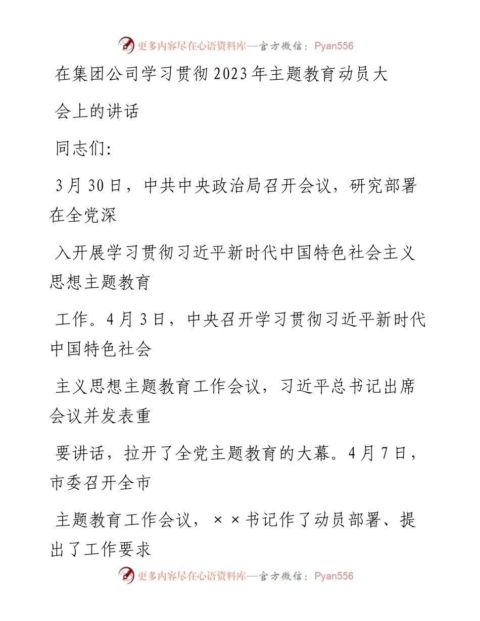 20230413：在集团公司学习贯彻2023年主题教育动员大会上的讲话.docx_第1页