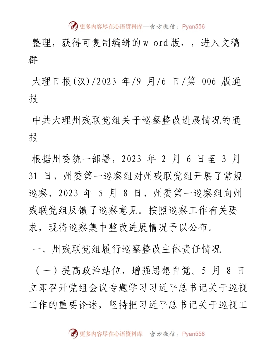 2023.09.06：中共大理州残联党组关于巡察整改进展情况的通报.docx_第1页