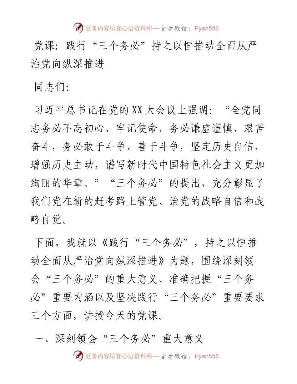 20230310：党课：践行三个务必持之以恒推动全面从严治党向纵深推进.docx_第1页