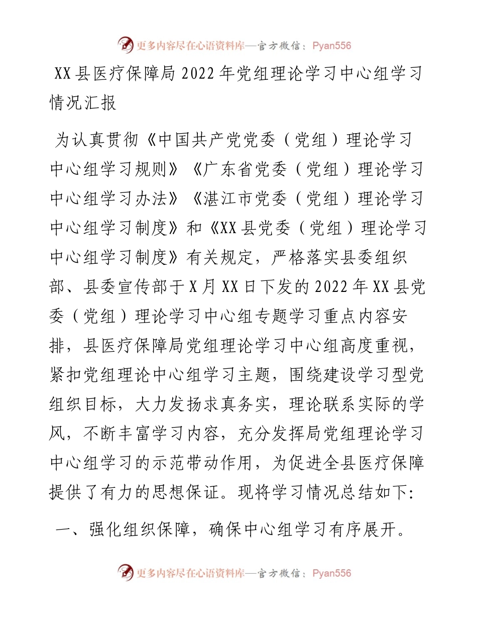 20230301：XX县医疗保障局党组理论学习中心组学习情况汇报.docx_第1页