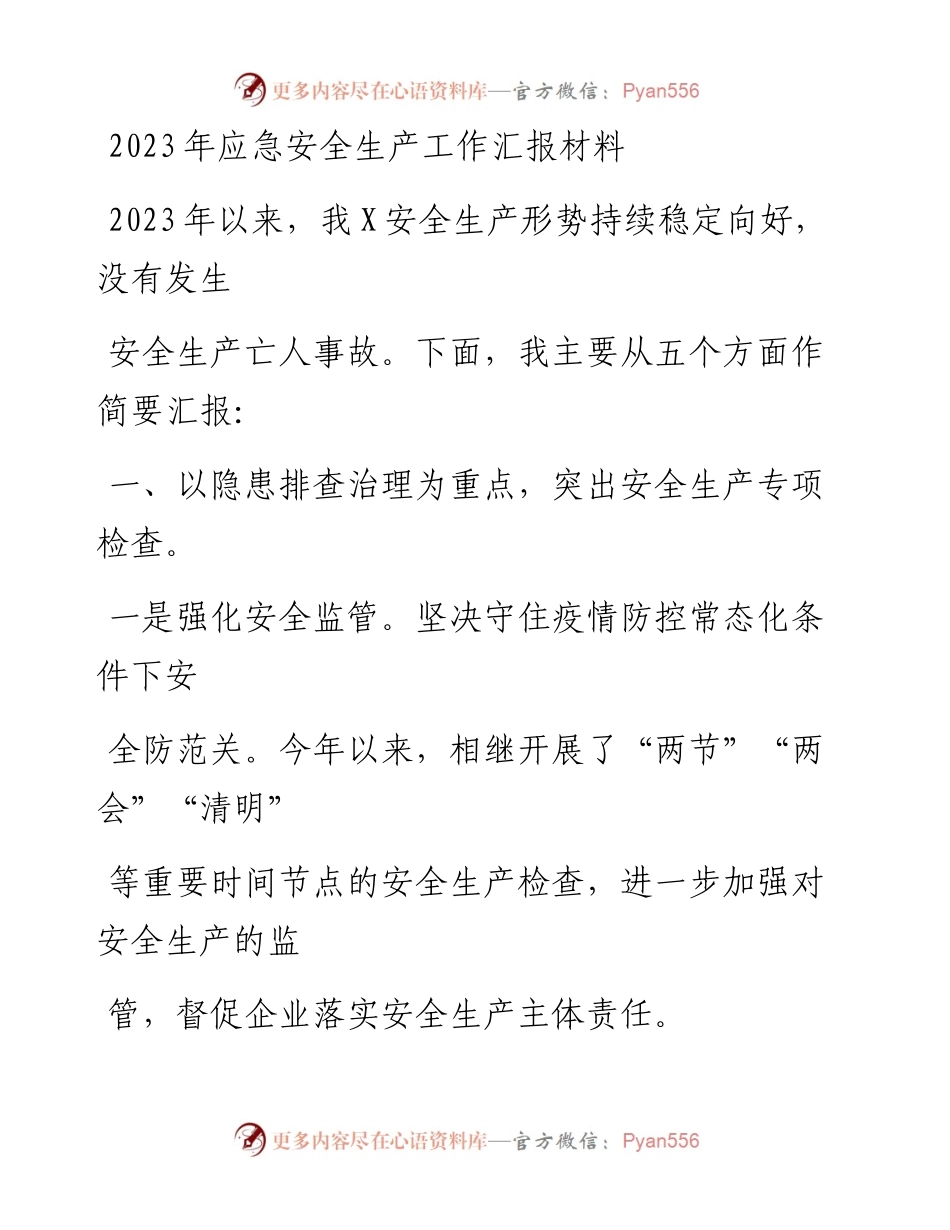 20230331：2023年应急安全生产工作汇报材料.docx_第1页