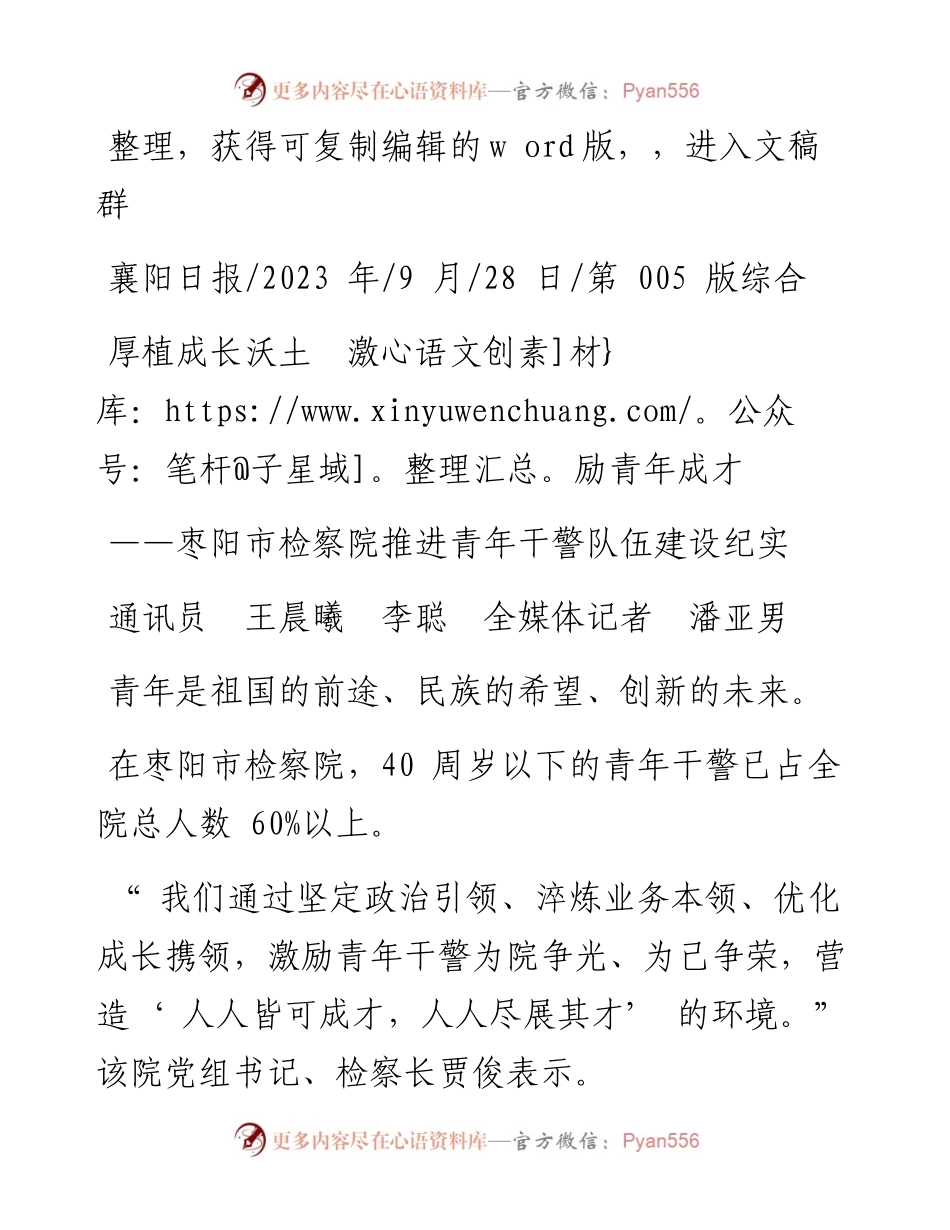 2023.09.28通讯员王晨曦李聪全媒体记者潘亚男：厚植成长沃土激励青年成才.docx_第1页