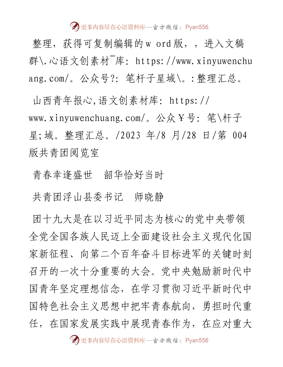 2023.08.28共青团浮山县委书记师晓静：青春幸逢盛世韶华恰好当时.docx_第1页