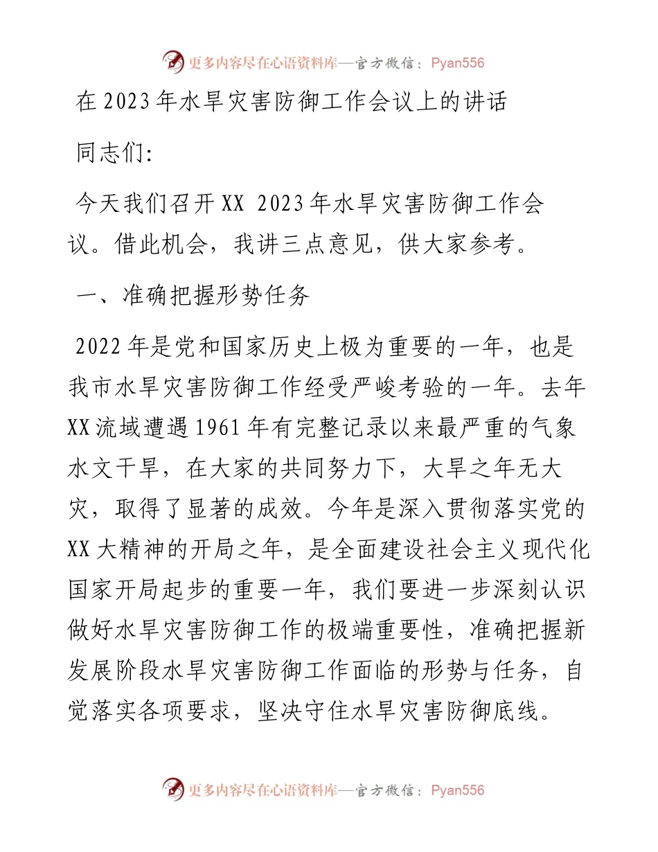 20230401：在2023年水旱灾害防御工作会议上的讲话.docx_第1页