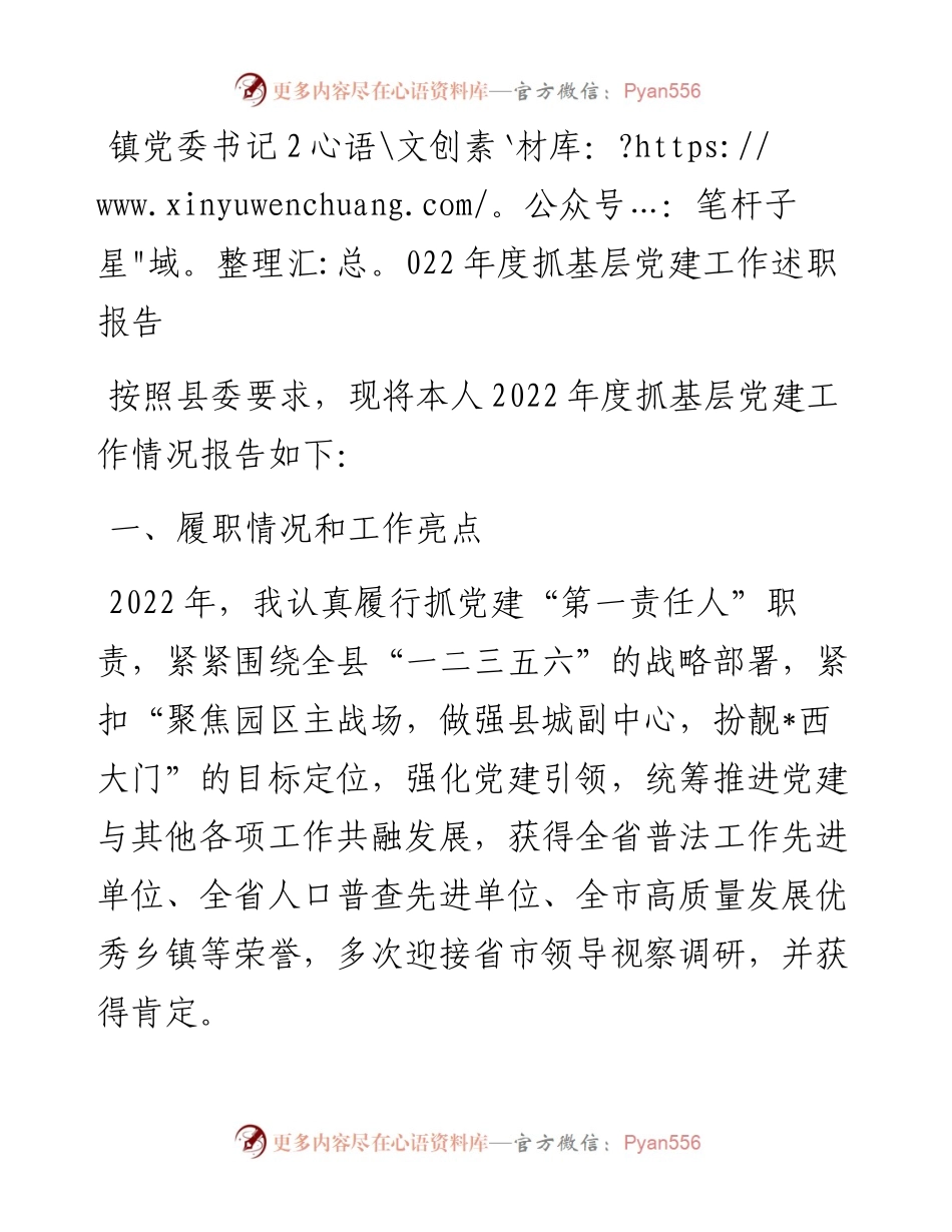 20230313：镇党委书记度抓基层党建工作述职报告.docx_第1页