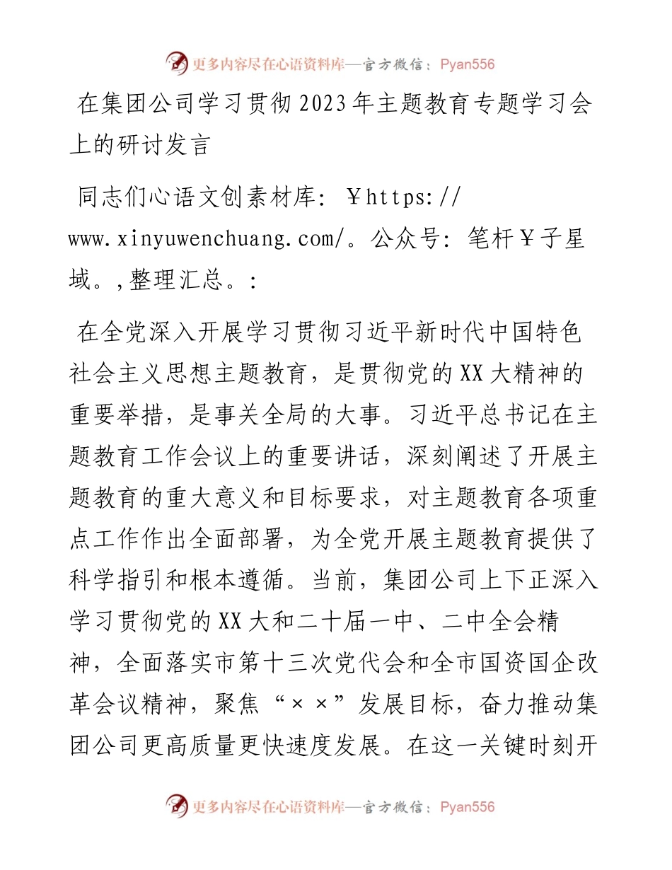 20230418：在集团公司学习贯彻2023年主题教育专题学习会上的研讨发言.docx_第1页