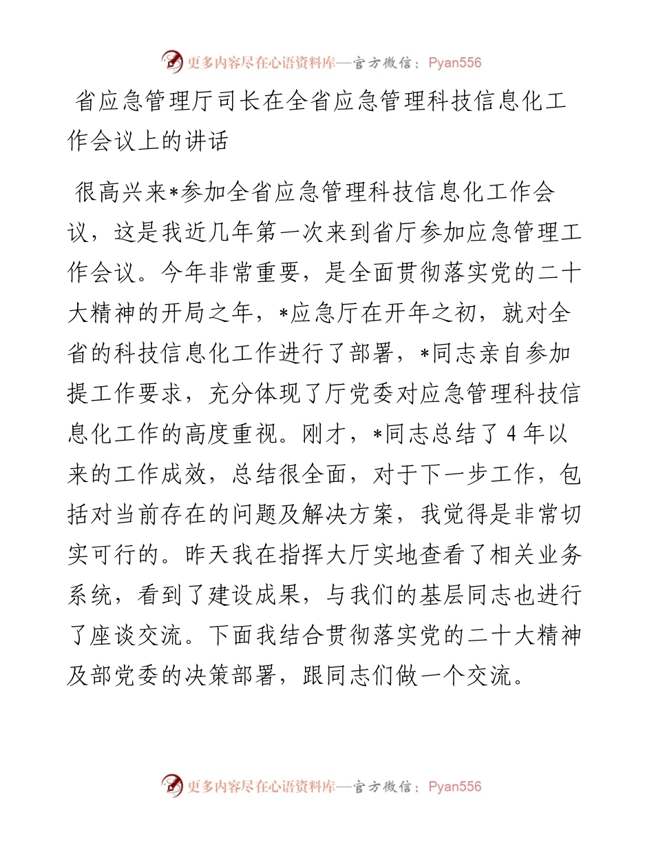 20230403：省应急管理厅司长在全省应急管理科技信息化工作会议上的讲话.docx_第1页