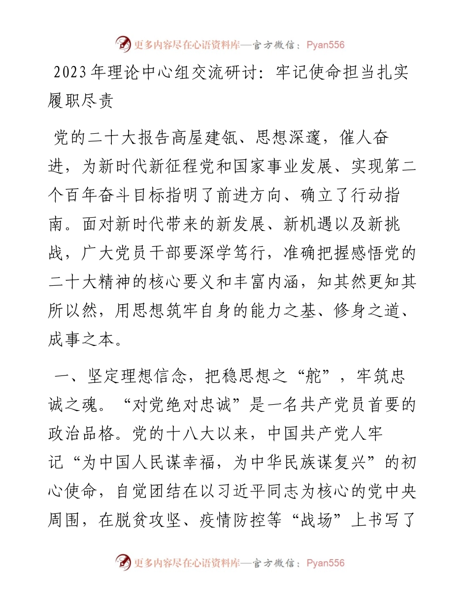 2023年理论中心组交流研讨：牢记使命担当扎实履职尽责.docx_第1页