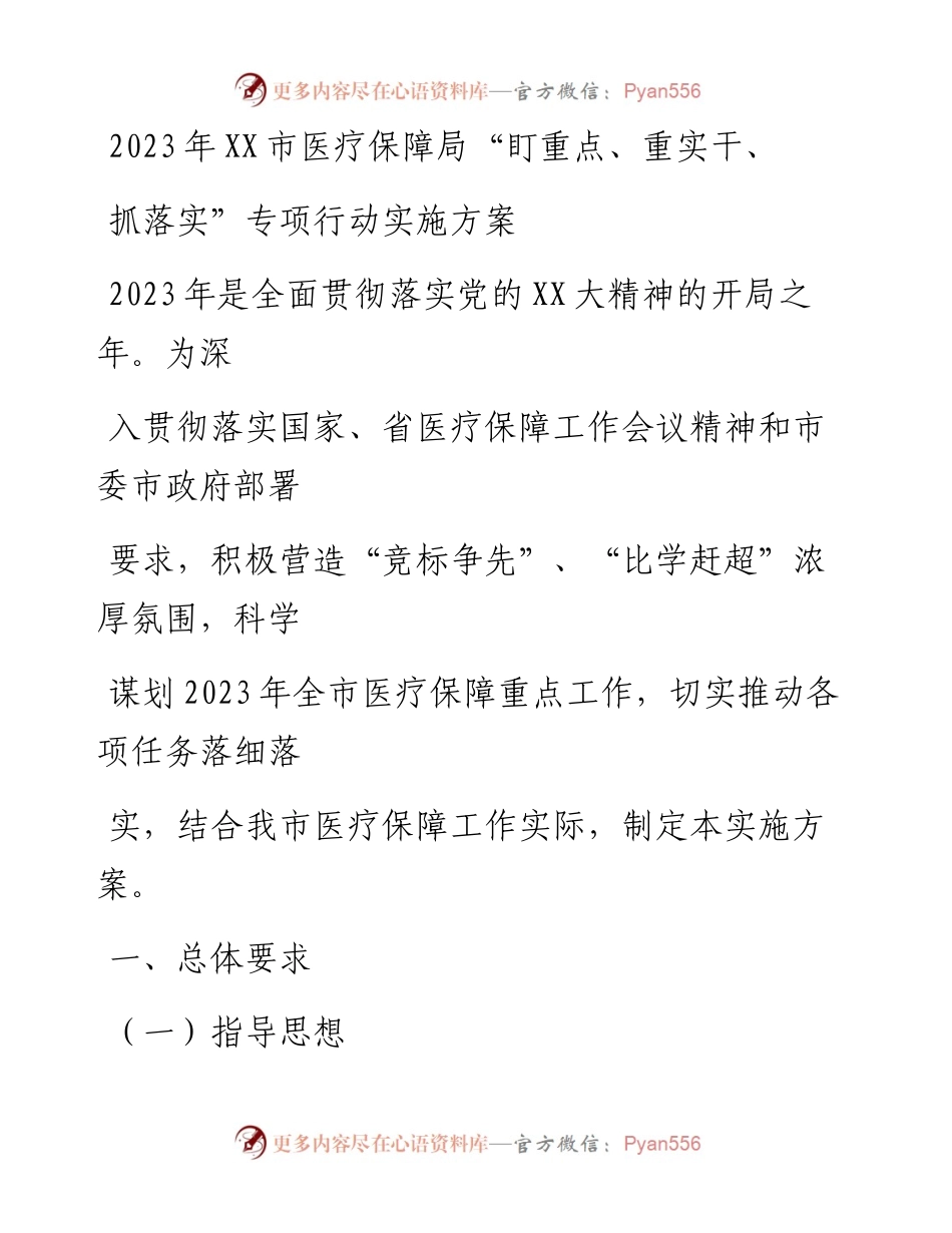 20230412：2023年XX市医疗保障局盯重点、重实干、抓落实专项行动实施方案.docx_第1页