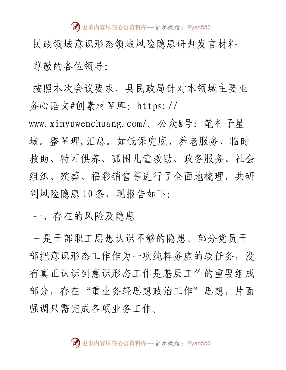 20230421：民政领域意识形态领域风险隐患研判发言材料.doc.docx_第1页