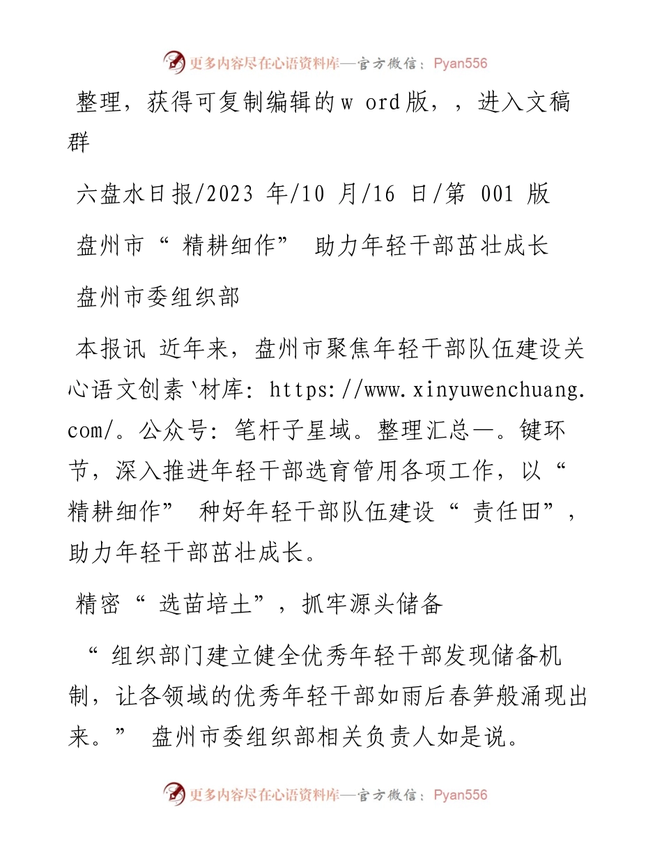 2023.10.16盘州市委组织部：盘州市精耕细作助力年轻干部茁壮成长.docx_第1页