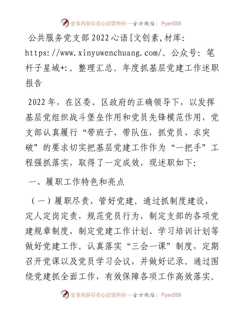 20230303：公共服务党支部度抓基层党建工作述职报告.docx_第1页