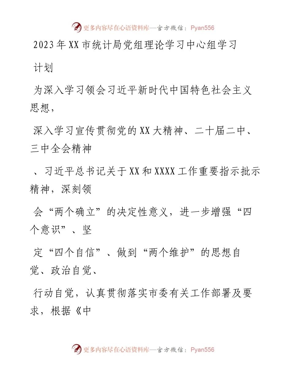 20230414：2023年XX市统计局党组理论学习中心组学习计划.docx_第1页