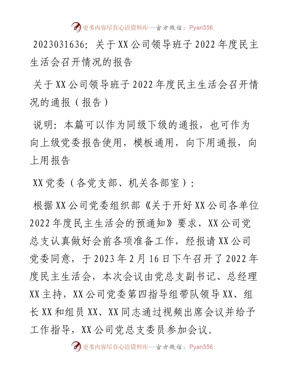 20230317：关于XX公司领导班子度民主生活会召开情况的报告.docx_第1页