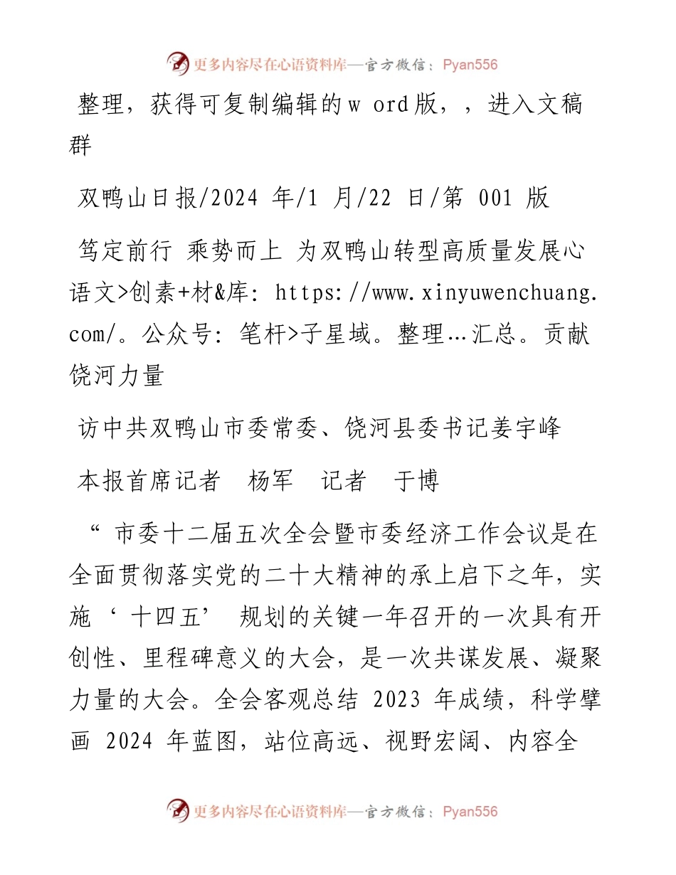 2024.01.22本报首席记者杨军记者于博：笃定前行乘势而上为双鸭山转型高质量发展贡献饶河力量.docx_第1页