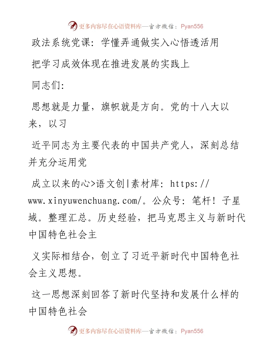 20230325：政法系统党课：学懂弄通做实入心悟透活用把学习成效体现在推进发展的实践上.docx_第1页