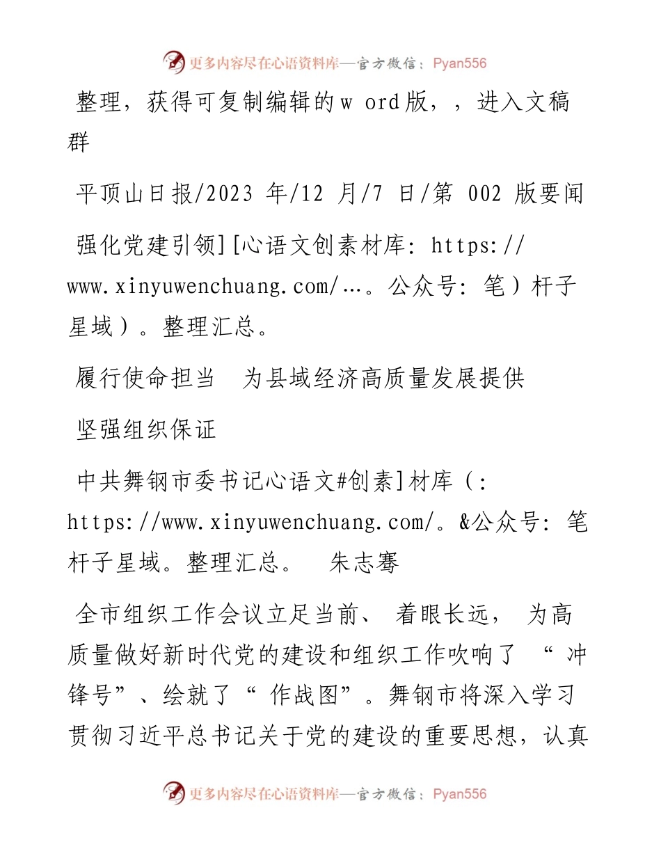 2023.12.07中共舞钢市委书记朱志骞：强化党建引领履行使命担当为县域经济高质量发展提供坚强组织保证.docx_第1页