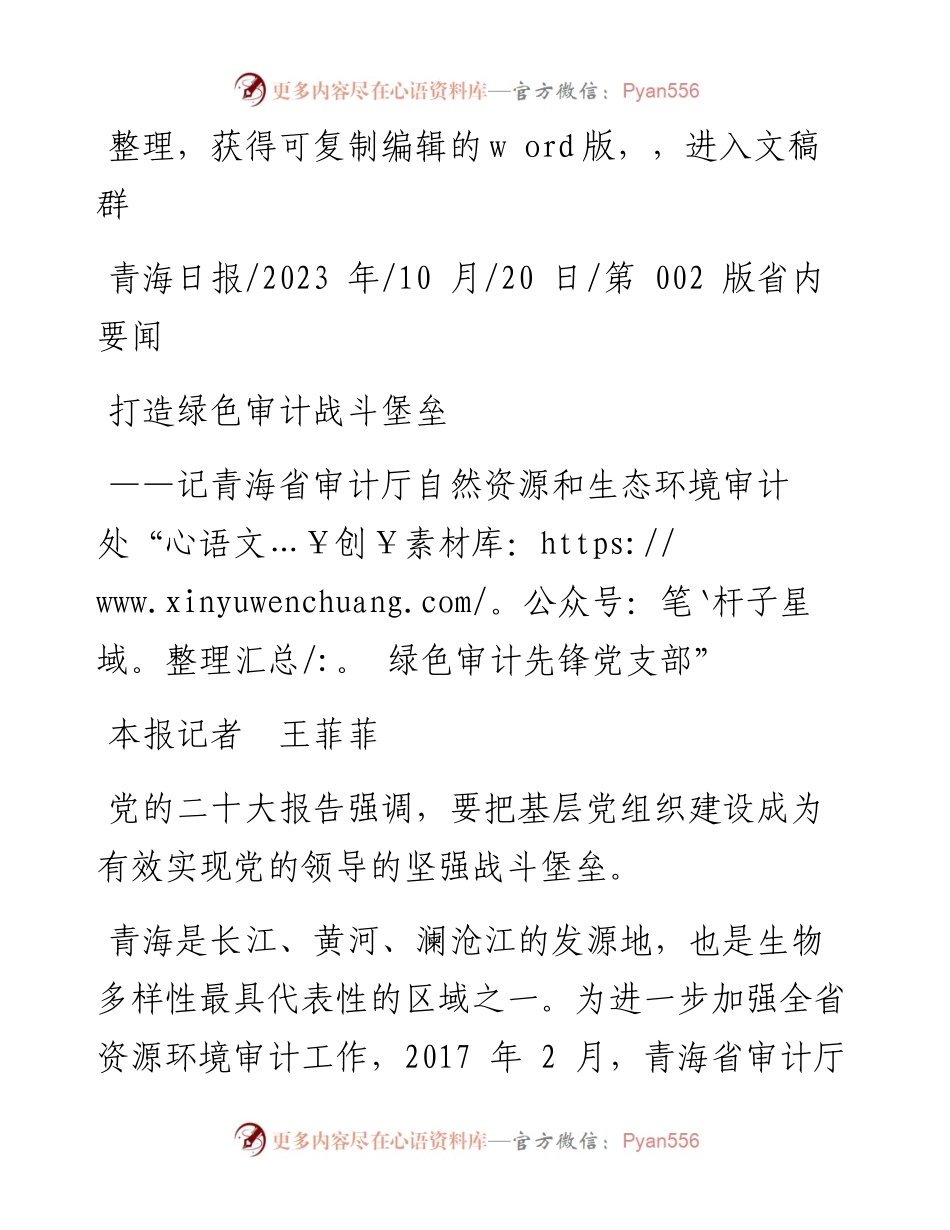 2023.10.20本报记者王菲菲：打造绿色审计战斗堡垒.docx_第1页