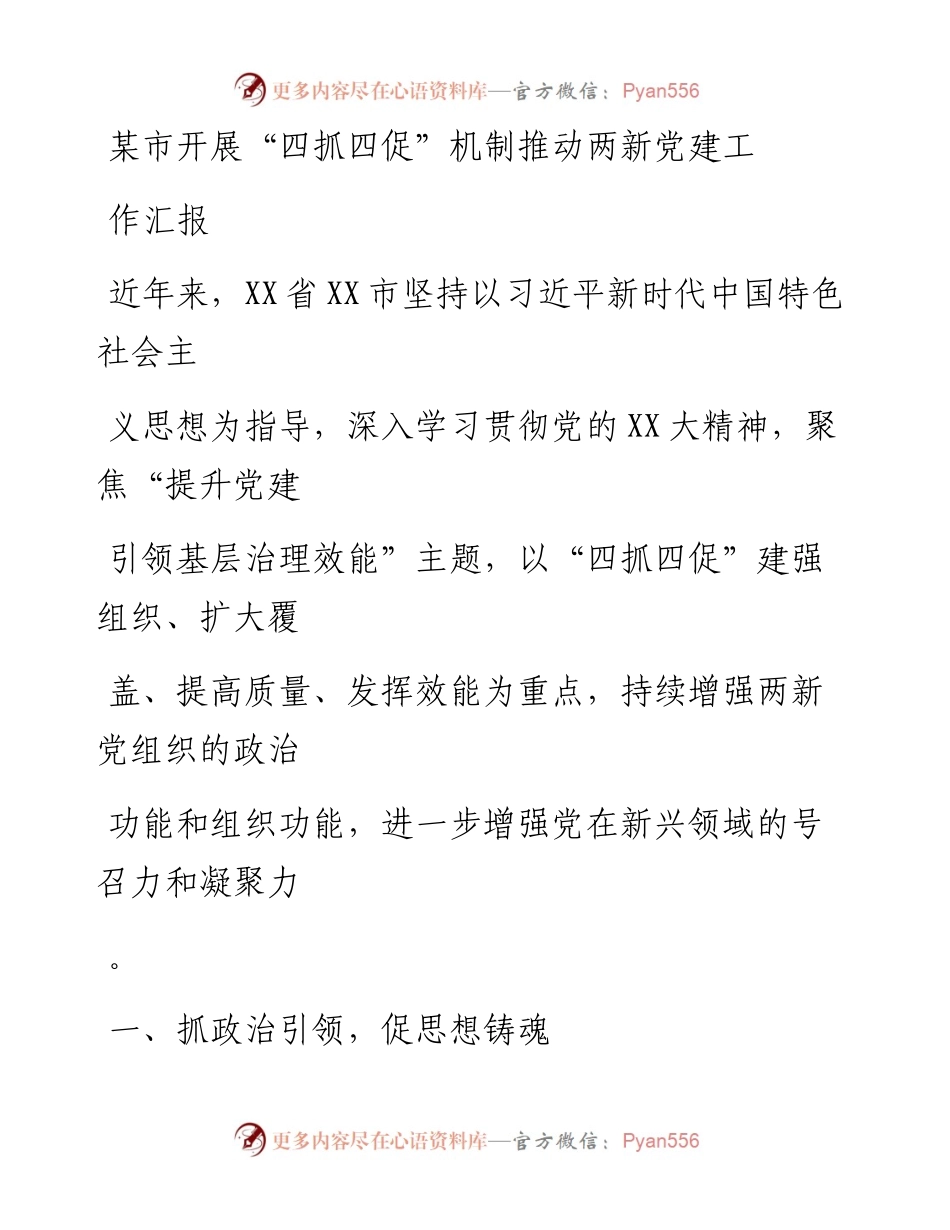 20230406：某市开展四抓四促机制推动两新党建工作汇报.docx_第1页