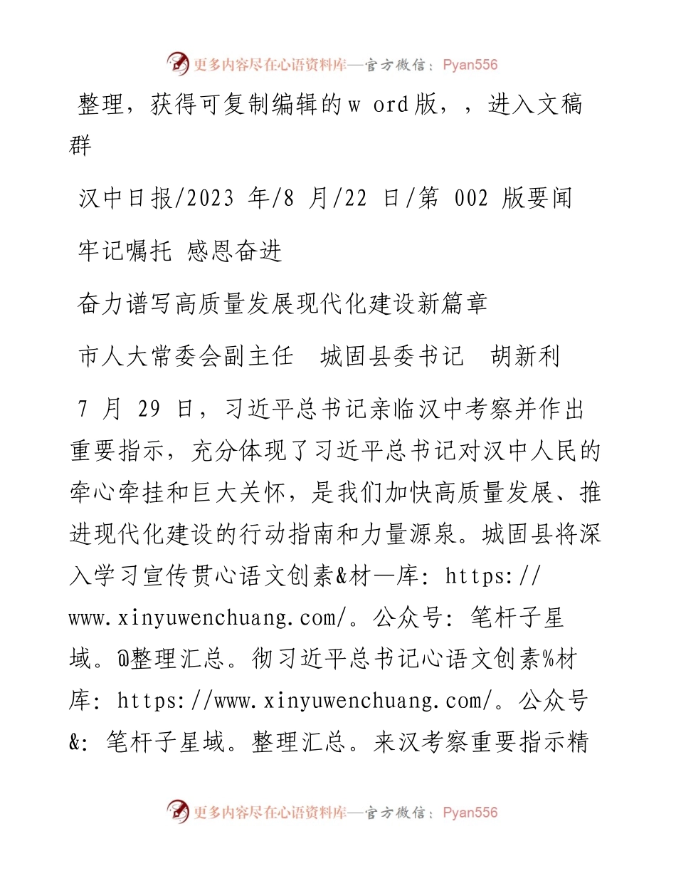 2023.08.22市人大常委会副主任城固县委书记胡新利：奋力谱写高质量发展现代化建设新篇章.docx_第1页