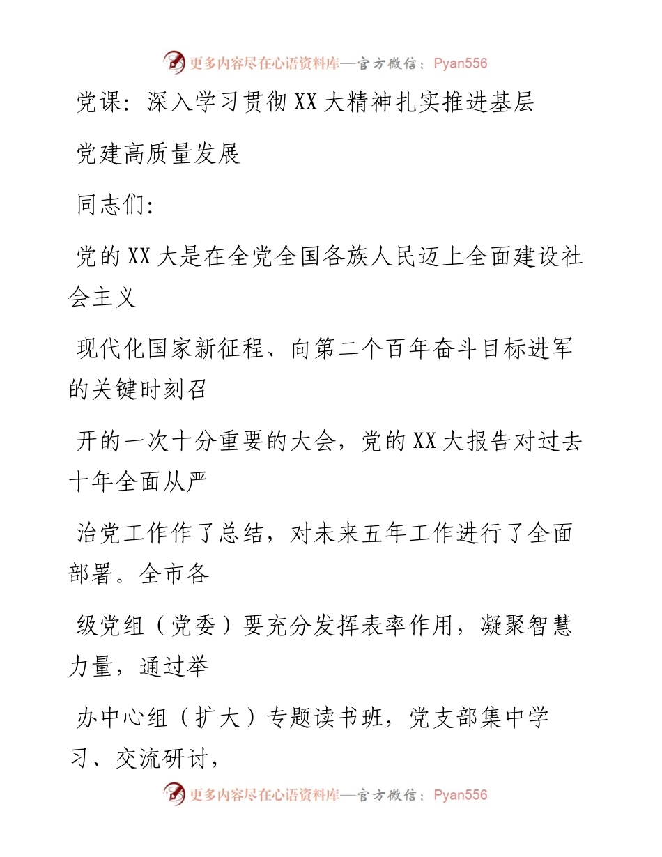 20230411：党课：深入学习贯彻二十大精神扎实推进基层党建高质量发展.docx_第1页
