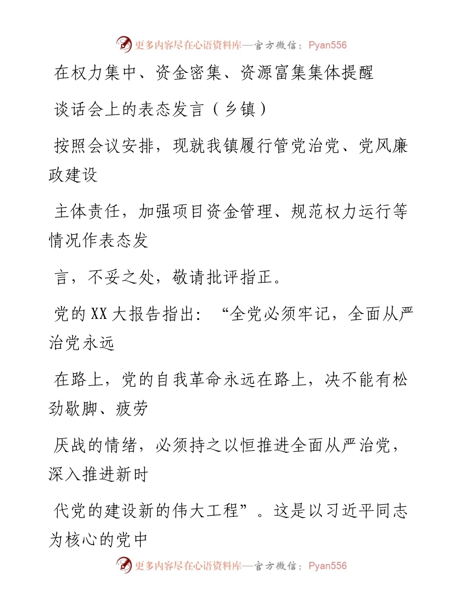20230413：在权力集中、资金密集、资源富集集体提醒谈话会上的表态发言（乡镇）.docx_第1页
