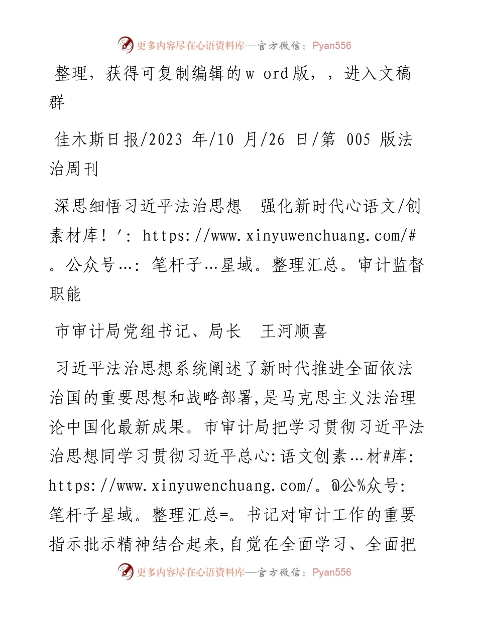 2023.10.26市审计局党组书记、局长王河顺喜：深思细悟习近平法治思想强化新时代审计监督职能.docx_第1页