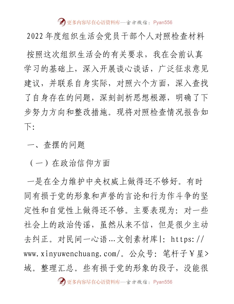20230307：度组织生活会党员干部个人对照检查材料.docx_第1页