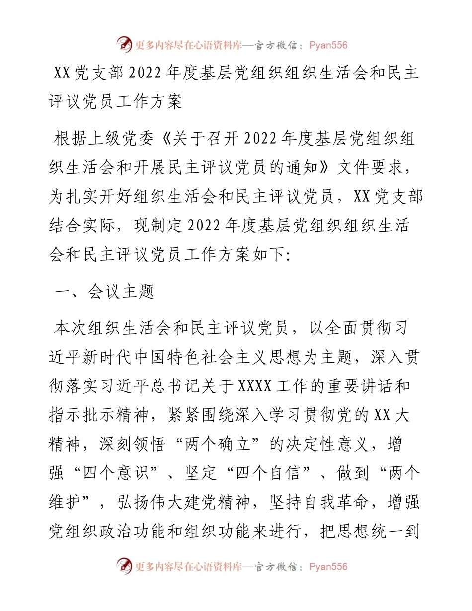 20230314：XX党支部度基层党组织组织生活会和民主评议党员工作方案.docx_第1页
