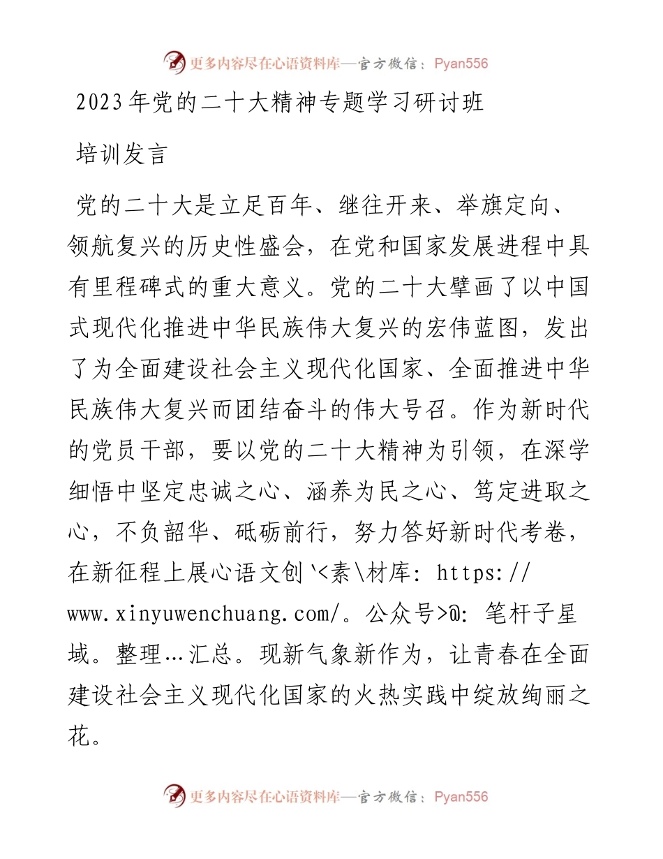 2023年党的二十大精神专题学习研讨班培训发言.docx_第1页