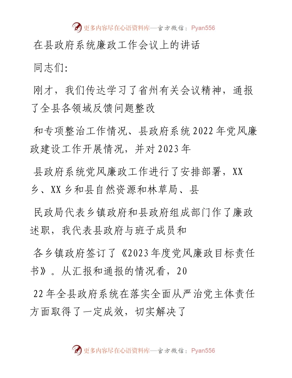 20230413：在县政府系统廉政工作会议上的讲话.docx_第1页